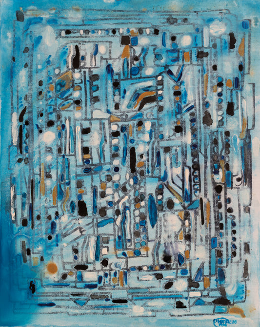 Original 8x10 Blue Acrylic Painting "Jiran" on Canvas Panel by Diana AN– Eastern Design & Modern Abstract