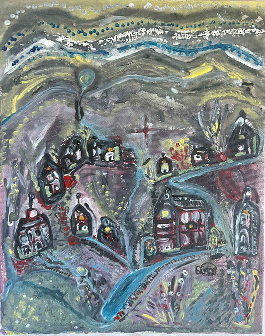 Original House Painting Acrylic 8 x 10 on Canvas Panel "Easter Town" by Artist Diana AN